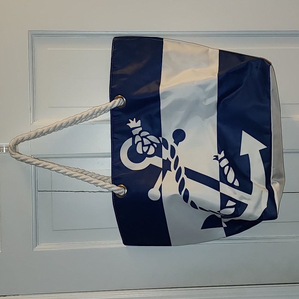Blue and white anchor tote bag